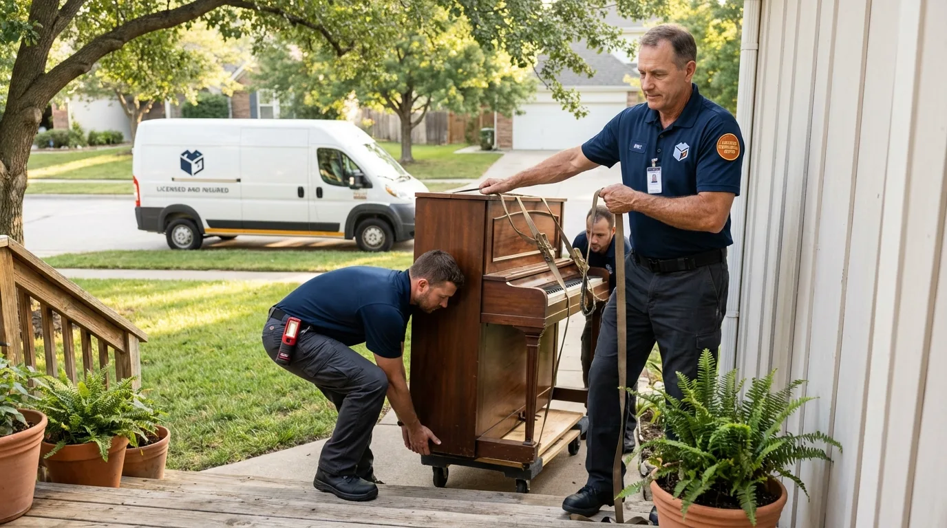 Licensed piano movers securing grand piano in Sistersville, WV
