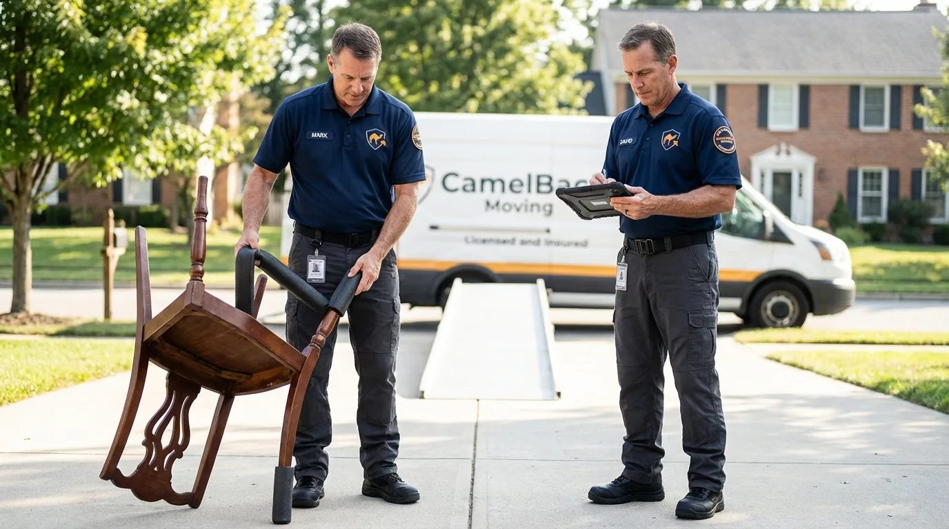 Movers inspecting furniture for damage prevention before loading in Sistersville, WV