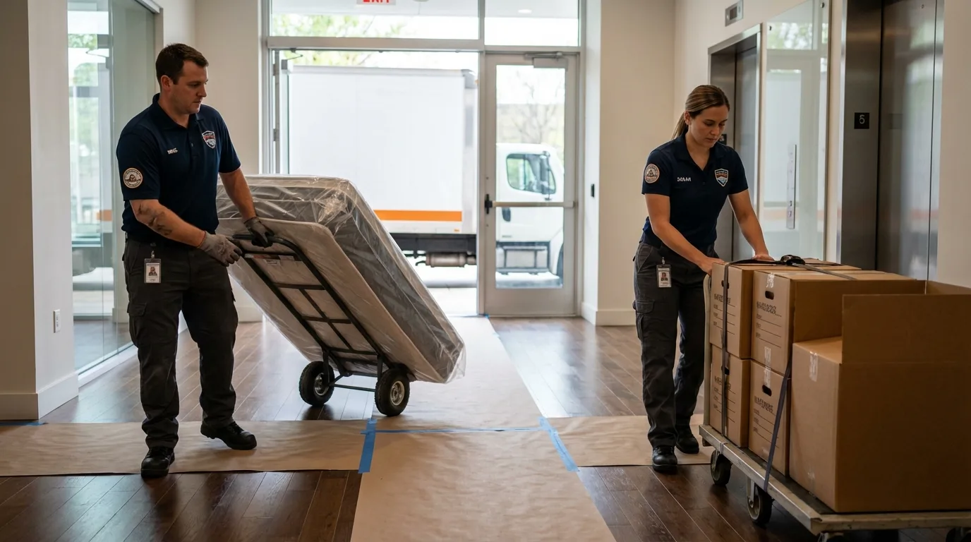 Professional apartment movers loading elevator in Sistersville, WV